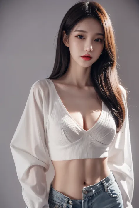 8K,A slender woman, red glossy lips,(Extremely detailed beautiful face)), (best quality), (Super detailed), (Extremely detailed CG unified 8k wallpaper),original photo, (standing), (White background) ,(cleavage),(average light source),shorts,black hair,lon...