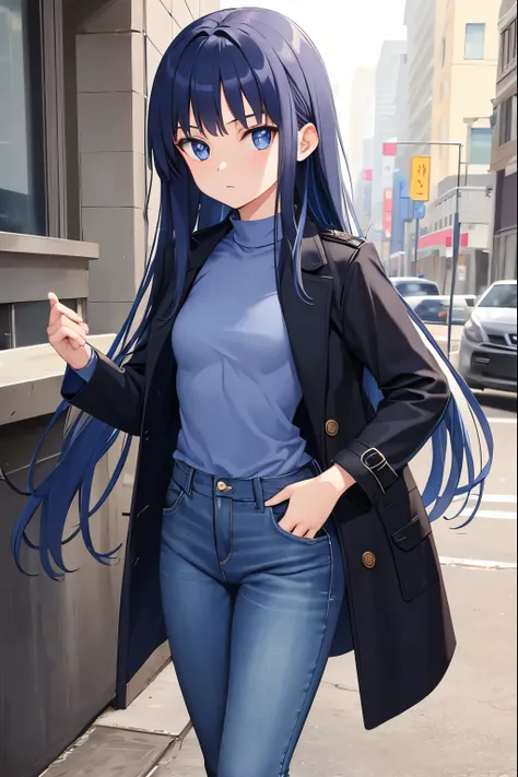 eye color is blue　long hair　1girl　16 years old　　very small breasts　long sleeve　jeans　coat