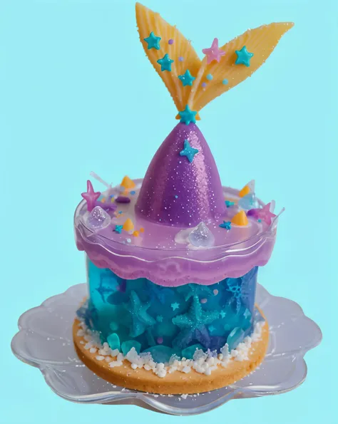 in a miniature kitchen, on a wooden table, worth a jelly cake, blue translucent jelly cake base, starfish swims inside the jelly, The jelly base of the cake symbolizes the seabed., top with purple cream, sprinkled with edible sprinkles and beads, mermaid t...