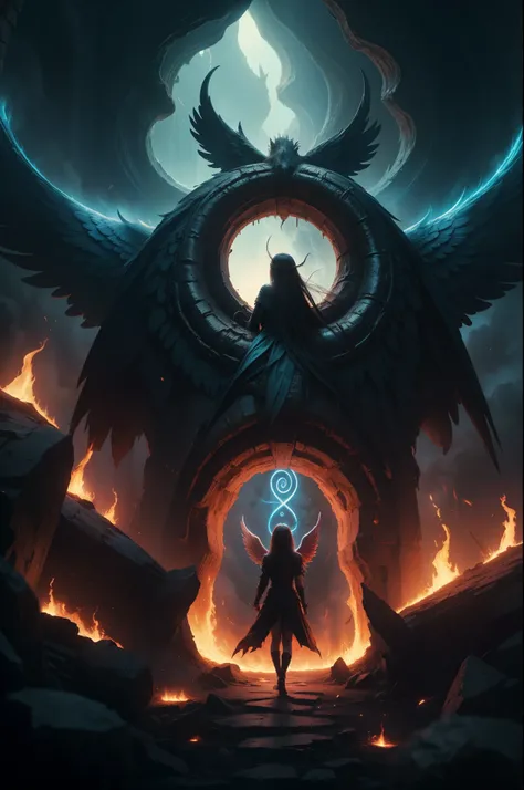 high details, best quality, 16k, [best detailed], masterpiece, best quality, (extremely detailed), a view from the rear of a beautiful angel looking through  a magical portal onto hell, she sees the fiery hell and rolling inferno, GlowingRunes_paleblue,