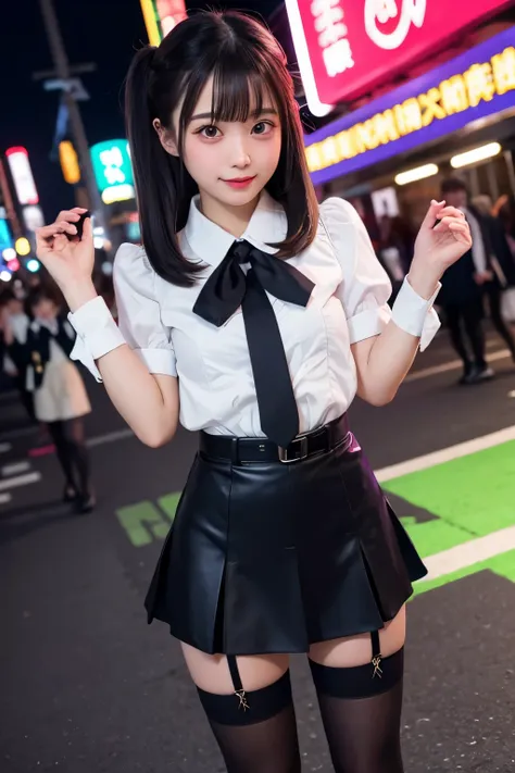 high angle shot、center view、a woman standing on a neon street at midnight、phenomenally cute 、japanese girl uniform、summer clothe...