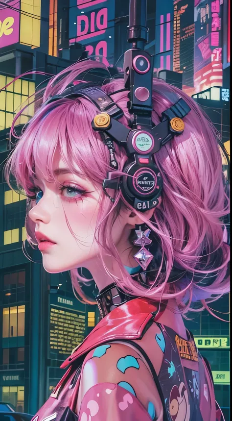 masterpiece, highest quality, Cyberpunk girls, Pop costumes inspired by Harajuku, Bold colors and patterns, eye-catching accessories, Trendy and innovative hairstyles, bright makeup, Cyberpunk dazzling cityscape, skyscraper, neon sign, led lights, Bright a...