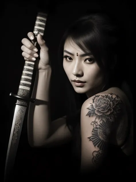 arafed woman holding a sword in her hand and a tattoo on her arm, she is holding a katana sword, holding a sword on her shoulder, she is holding a sword, a beautiful woman warrior, female samurai, warrior woman, beautiful female warrior, oriental tattoos, ...