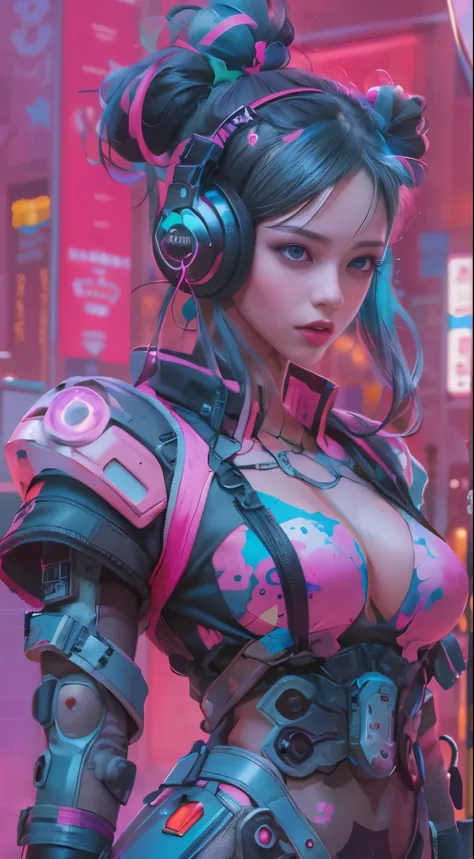 masterpiece, highest quality, Cyberpunk girls, Pop costumes inspired by Harajuku, Bold colors and patterns, Wearing headphones,eye-catching accessories, Trendy and innovative hairstyles, bright makeup, Cyberpunk dazzling cityscape, skyscraper, neon sign, l...