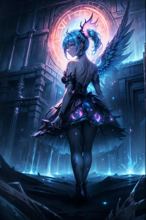 high details, best quality, 16k, [best detailed], masterpiece, best quality, (extremely detailed), a view from the rear of a beautiful angel looking through  a magical portal onto hell, the portal has magical pink magical wards  on it, she sees the fiery h...