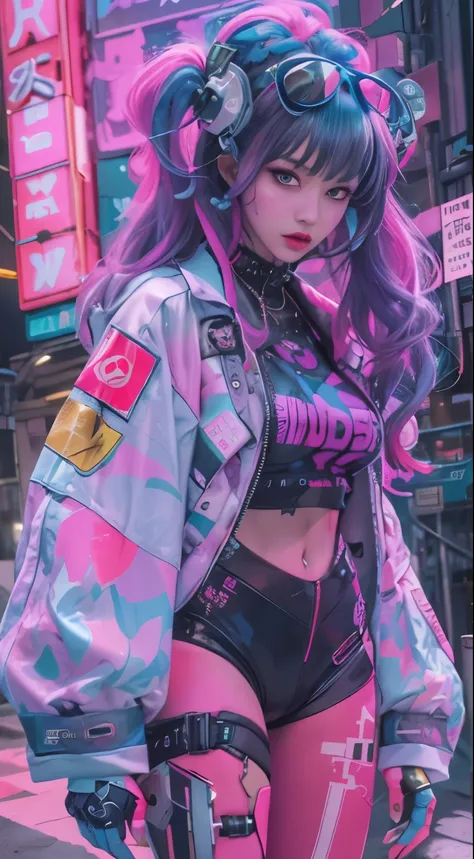 masterpiece, highest quality, Cyberpunk girls, Pop costumes inspired by Harajuku, Bold colors and patterns, eye-catching accessories, Trendy and innovative hairstyles, bright makeup, Cyberpunk dazzling cityscape, The pink color stands out throughout,skyscr...