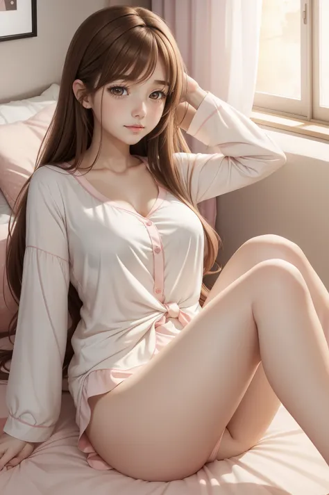 Anime girl, long brown hair, mature, in cute white top with pastel pink pajamas, laying flat on her back, hands splayed, beautiful brown eyes, sleepy expression, bare legs, smooth legs, 8k, high resolution, in a beautiful room background, good anatomy