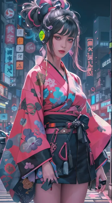 masterpiece, highest quality, Cyberpunk girls, wearing a Japanese kimono, Bold colors and patterns, eye-catching accessories, Trendy and innovative hairstyles, bright makeup, Cyberpunk dazzling cityscape, A street like Taipei,Pink stands out,skyscraper, ne...