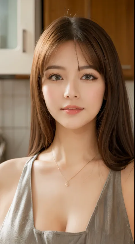 (highest quality, 8K, masterpiece: 1.3), beautiful woman with perfect figure: 1.2, dark brown hair, wearing a pendant, Wearing an apron, in the kitchen, highly detailed face and skin, fine eyes, double eyelid, big breasts