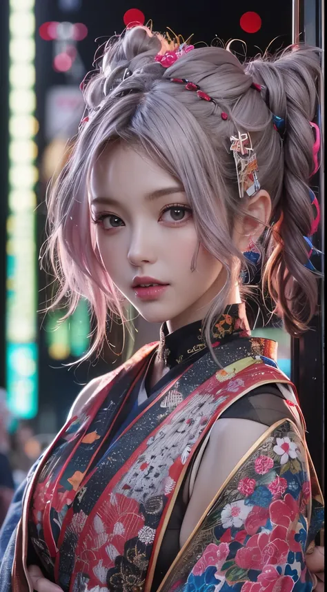 masterpiece, highest quality, Cyberpunk girls, wearing a Japanese kimono, Bold colors and patterns, eye-catching accessories, Trendy and innovative hairstyles, bright makeup, late night,Cyberpunk dazzling cityscape, Pink stands out,skyscraper, neon sign, T...