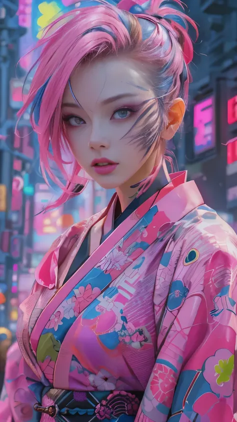 masterpiece, highest quality, Cyberpunk girls,wearing a Japanese kimono, The pink color stands out,Bold colors and patterns, eye-catching accessories, Trendy and innovative hairstyles, bright makeup, Cyberpunk dazzling cityscape, skyscraper, neon sign, led...