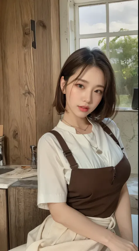 (highest quality, 8K, masterpiece: 1.3), beautiful woman with perfect figure: 1.2, dark brown hair, wearing a pendant, Wearing an apron, in the kitchen, highly detailed face and skin, fine eyes, double eyelid, big breasts