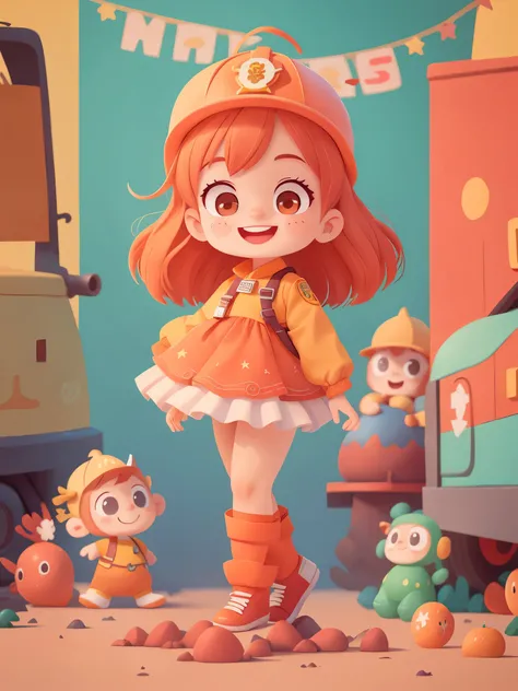 1 cute girl, preschool，Firemen，wearefighter costume))), orange colorefighter hat，standing in front of fire truck, smiling, (masterpiece: 1.2) (actual: 1.2) (Bokeh) (best quality) (delicate skin: 1.3) (intricate details) (8k) (exquisite eyes) (sharp focus),...