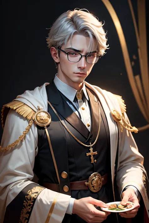 a young englishman，Londoner with glasses、Serious expression、Gray-haired young man in this high quality photo、portrait of reality。He wore a white robe，There is a fork in the middle，There&#39;It has a golden cross on it，Exudes piety and holiness。The focus is...