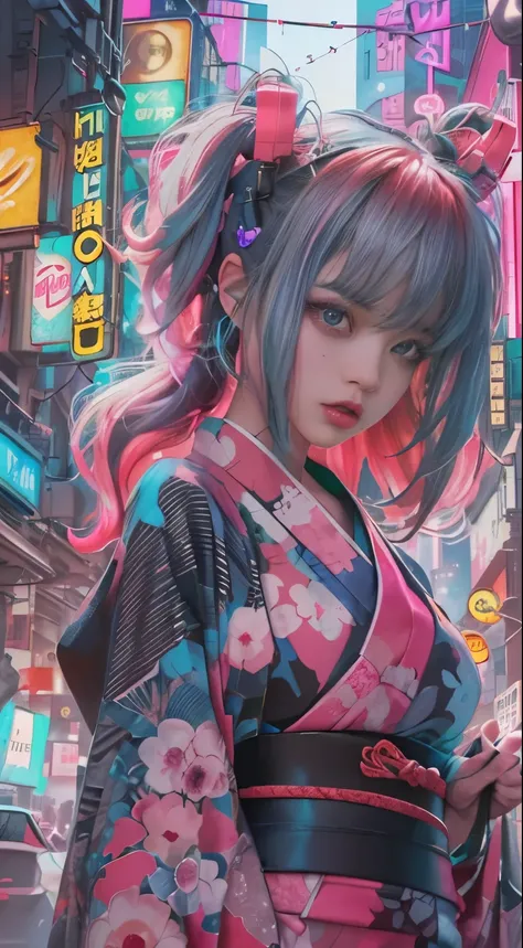 masterpiece, highest quality, Cyberpunk girls,wearing a Japanese kimono,The pink color stands out,Bold colors and patterns, eye-catching accessories, Trendy and innovative hairstyles, bright makeup, Cyberpunk dazzling cityscape, skyscraper, neon sign, led ...