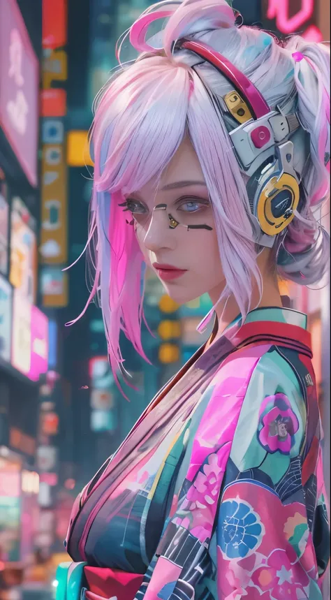 masterpiece, highest quality, Cyberpunk girls,wearing a Japanese kimono,The pink color stands out,Bold colors and patterns, eye-catching accessories, Trendy and innovative hairstyles, bright makeup, Cyberpunk dazzling cityscape, skyscraper, neon sign, led ...