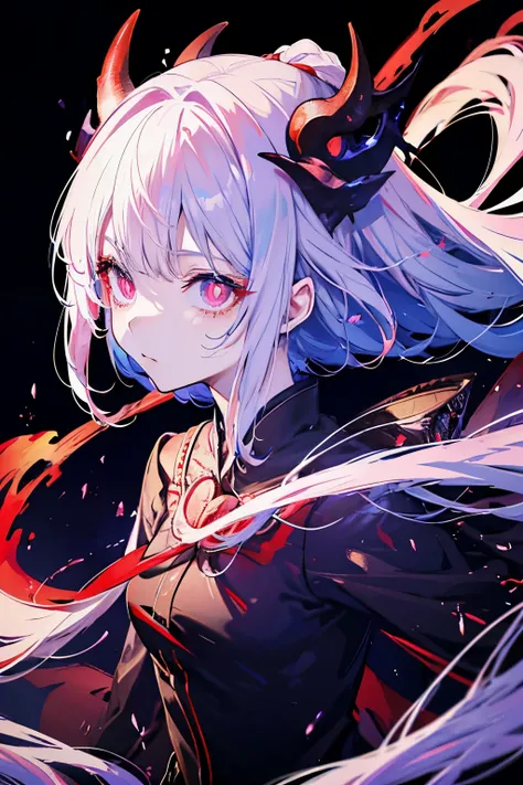 anime girl in demon/oni form, cool and elegant view of her, dark colors background, glowing red pupils, masterpiece, best quality, high quality