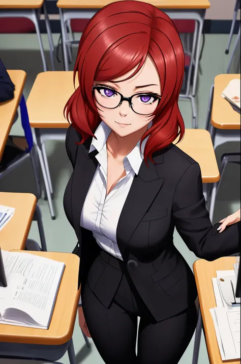 masterpiece, best quality, adult woman,nishikino maki, purple eyes, breasts, looking at viewer from above, black suit jacket with white shirt, black pants that hugs her curves, glasses,in class