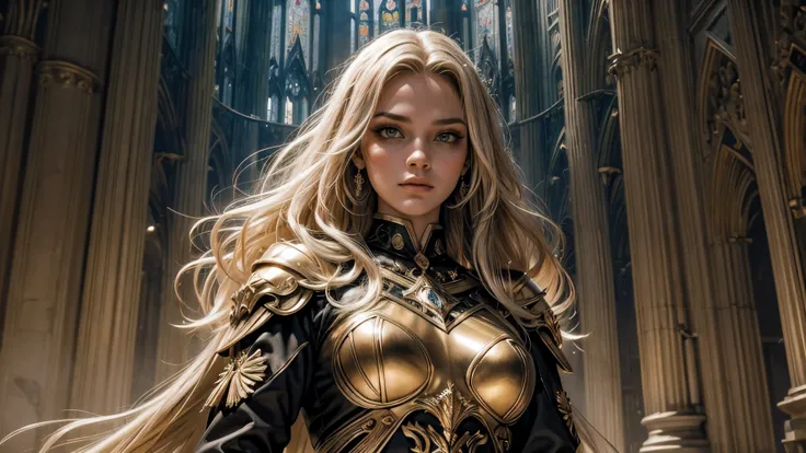 Valkyrie, deusa, gothic architecture, asas de ouro, vestido grande dourado, cabelo loiro dourados, film lighting, two tone lighting, muitos detalhes, obra de arte muito realista, rosto detalhado, olhos detalhados, modelo em 32k
