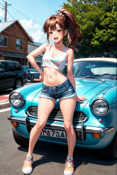 a cartoon character girl with small  is leaning against a sports car, 1girl, breasts, car, shorts, brown hair, solo, cleavage, motor vehicle, ground vehicle, denim shorts, camisole, short shorts, outdoors, denim, open mouth, smile, brown eyes, ponytail, bl...