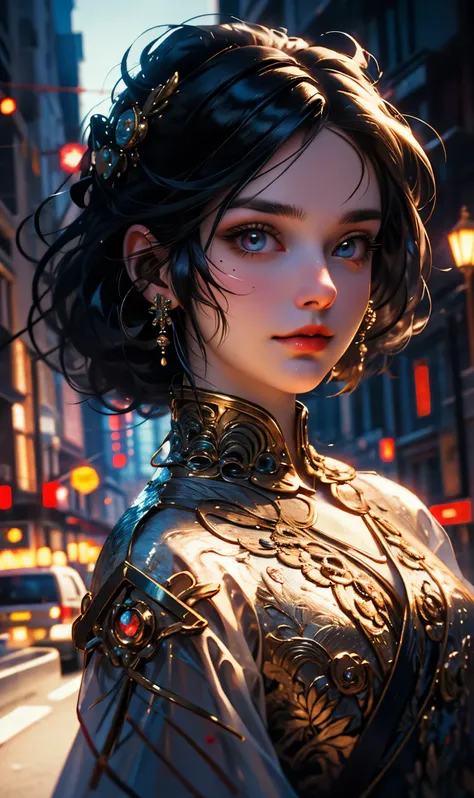 (best quality:0.8),
(best quality:0.8), perfect animated illustration, Extreme close-up portrait of a pretty woman walking through the city, dynamic lights,