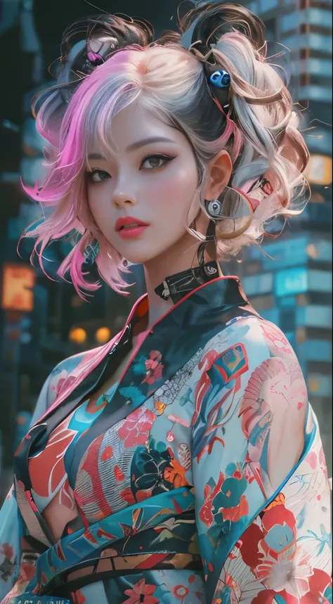 masterpiece, highest quality, Cyberpunk girls, wearing a Japanese kimono, Bold colors and patterns, eye-catching accessories, Trendy and innovative hairstyles, bright makeup, Cyberpunk dazzling cityscape, Pink stands out,skyscraper, neon sign, led lights, ...