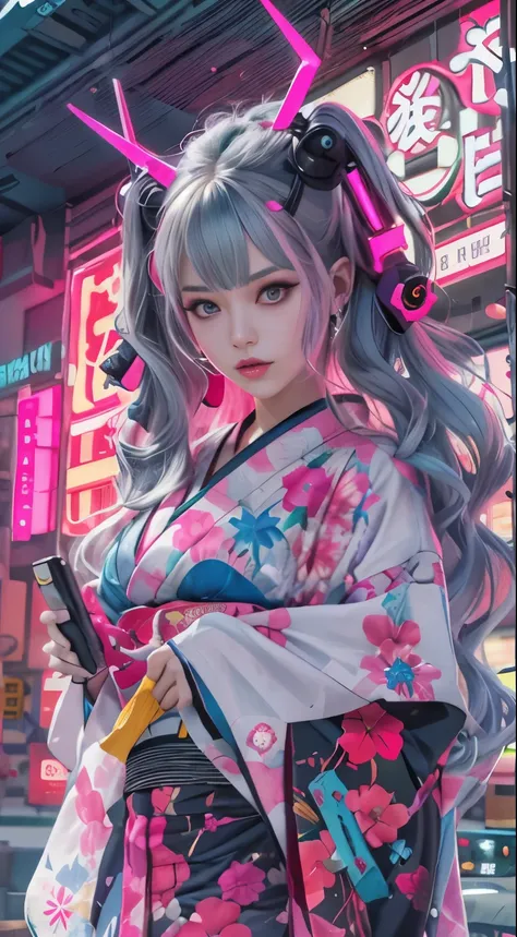 masterpiece, highest quality, Cyberpunk girls, wearing a Japanese kimono, Bold colors and patterns, eye-catching accessories, Trendy and innovative hairstyles, bright makeup, Cyberpunk dazzling cityscape, Pink stands out,skyscraper, neon sign, led lights, ...