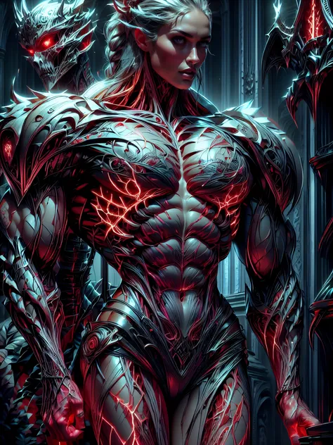(1 girl), (megan fox:1.25), (pure white skin:1.25), Beautiful vampire girl dressed in ornate medieval vampiric full body armor, (extreme muscular definition:1.5), (vampiric body armor:1.25), (huge muscular arms:1.5,) (10-pack abs:1.4), (lots of veins:1.25)...