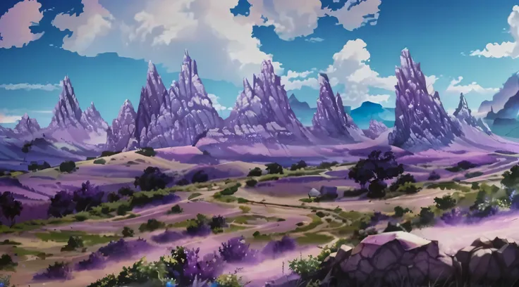 There is a mystical sky in a concept art for a 2D game,(((detalhes em roxo e azul))), real shot,(((picos de montanhas))), arte conceitual, jogo de plataforma 2d, Plataformas :1.2, (obra prima),(melhor qualidade), 8k, dynamic light, dynamic shadows, Videoga...