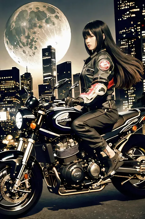 highest quality, masterpiece, photograph, 4K, photographrealistic, very detailed,
One girl riding a motorcycle, tech wear, cyberpunk city, alone, futuristic, Huge moon in the background, black and white, by Akira Toriyama, close,
