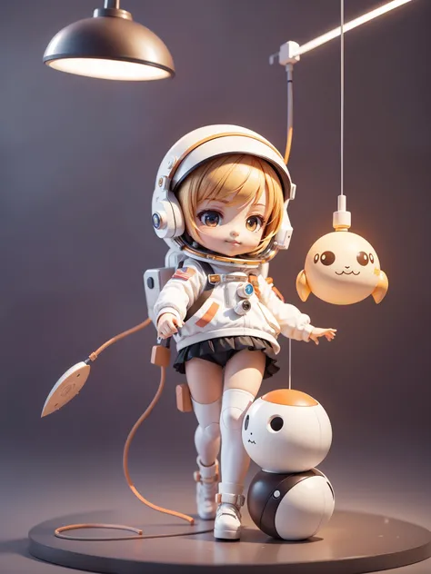 Cute girl riding a spaceship, Smile and cute gesture ,orange and white, (Lovely astronaut: 1.331), cute style, small, Big head, 3d rendering, ((Q version)), Pokemon style, Machine style, Texture, figure, Pokemon, lamp, Heavy-duty robotic arm, mechanical be...