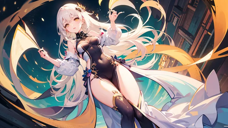 Very delicate and beautiful CG illustrations, best quality, high resolution, Dynamic angle, Full length shot, (1 girl), A beautiful half-human, half-dragon girl with yellow eyes and long, straight white hair.., float, soft light, High-key backlighting)