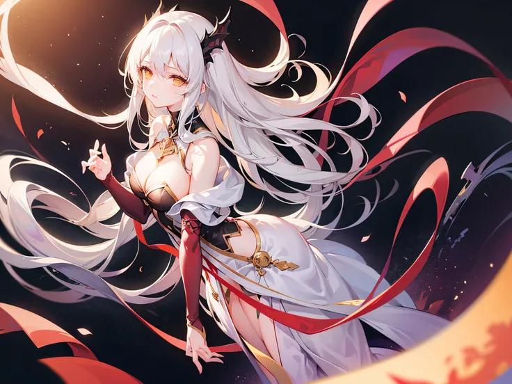 Very delicate and beautiful CG illustrations, best quality, high resolution, Dynamic angle, Full length shot, (1 girl), A beautiful half-human, half-dragon girl with yellow eyes and long, straight white hair.., float, soft light, High-key backlighting)