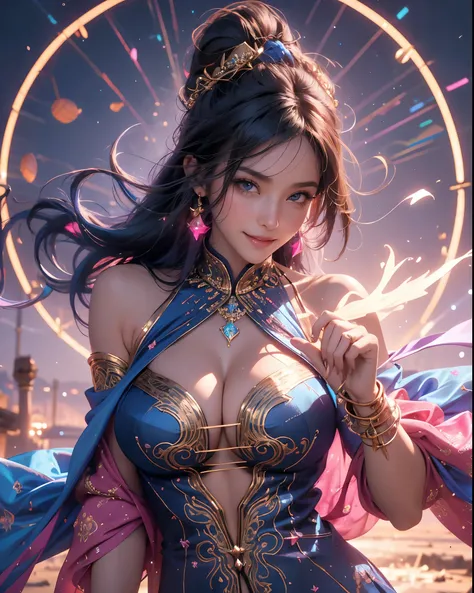 a sexy woman swinging in sky, sorceress, wearing a silk tight dress, fashion, wearing ornate silk clothes, sexy huge breasts, cleavage, sexy pose, smiley face, smile on face, wind sorcerer, sorcerer, mehndi patterns, lovely  princess, hippie fashion, maya ...