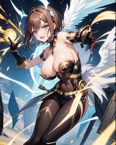 fantasy, 1angel_girl,, ,brown_hair, medium_bob_hair, long_bangs, halo,bare_shoulder,thighhighs,silver_armor, waist_armor, large_breasts,angry,grinning,open_mouth_teeth, 1pair_wings, dynamic_pose_fighting,floating, bare_crotch, headgear,gauntlet, greaves,ci...