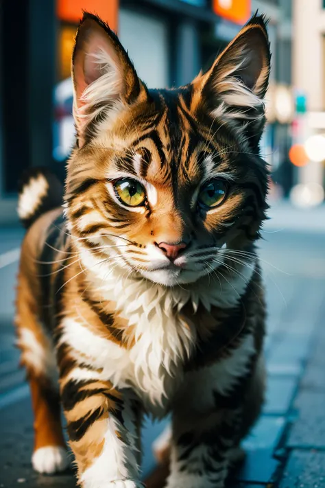 Cute adorable cat, roaming freely in the street, orange and white stripes, detailed features, 5 years old, innocent expression, fluffy fur, high-resolution, masterpiece, best quality, intricate details, highly detailed, sharp focus, lifelike skin texture, ...