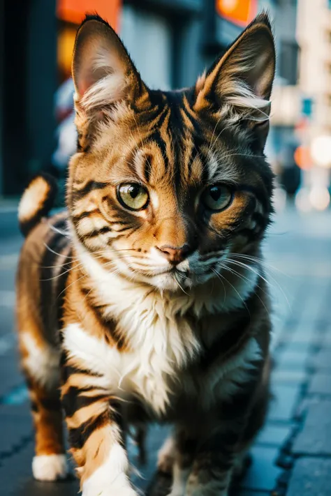 Cute adorable cat, roaming freely in the street, orange and white stripes, detailed features, 5 years old, innocent expression, fluffy fur, high-resolution, masterpiece, best quality, intricate details, highly detailed, sharp focus, lifelike skin texture, ...