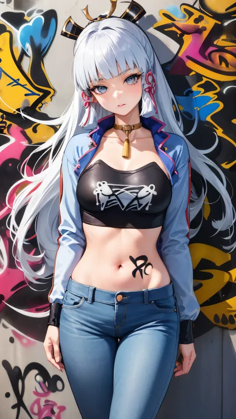 Ayaka Kamisato|Genshin Impact, masterpiece, best quality, 1 girl,25 years old, Proportional body, Lengthen the legs, beautiful, Proportional., crop top, long jeans, medium breasts, ,only, crop top, collar, (Graffiti:1.5), Splash with purple lightning patte...