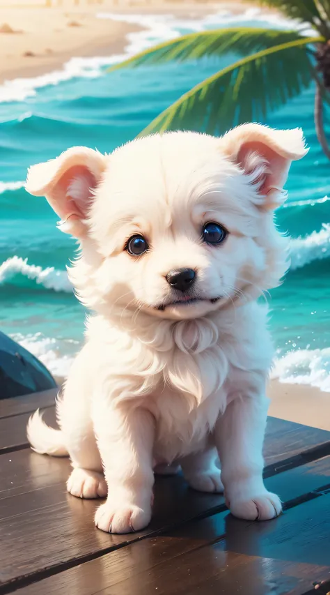 1cm perfeito feliz filhote de cachorro bonito com fundo de praia e coqueiro