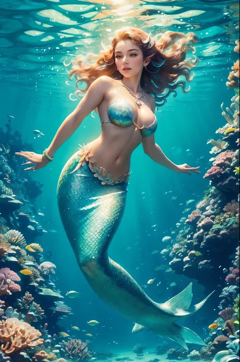 A Mermaid swimming in the clear waters . she wears a simple loincloth and a necklace of shells, showing breast, tight tits, The coral reefs are teeming with marine life, such as fish, turtles, sharks, and manta rays. The islands are covered with tropical f...