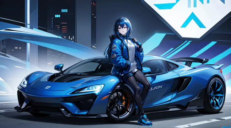 woman wearing a blue cyberpunk jacket with a dark combination holding bitcoins and a mclaren beside her.