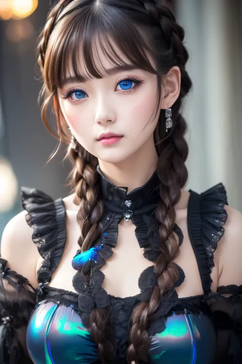 from below, best quality, 32k, RAW photo, incredibly absurdres, extremely detailed, delicate texture, beautiful lady, cold condescending gaze, wearing black gothic-loli-fashion, glossy iridescent braided hair, perfect body line, professional lighting