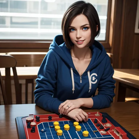 Jill Valentine, blue eyes, short straight hair, cute, sexy, oversized hoodie, sitting across table, battleship board game, mischievous grin, eye brow raised,