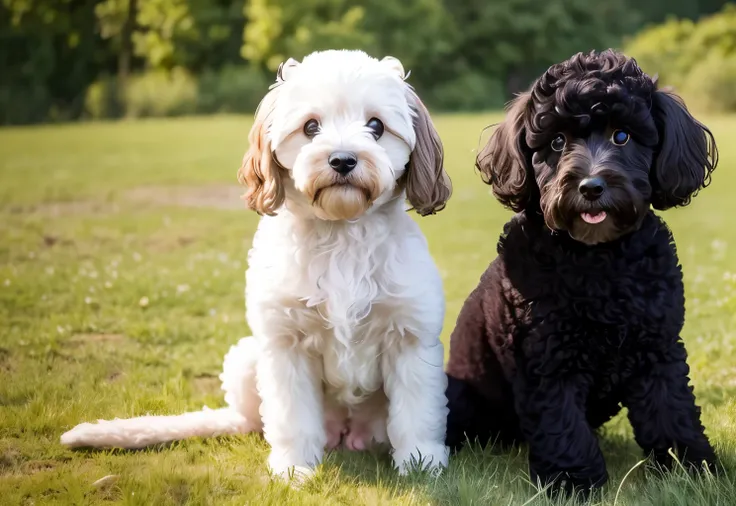 1teddy black Dog, poodle, Bichon frise, lovable, champagne dog, full body champagne dog hair, dog eyes, light blue eye, sit, during the day, sitting on the prairie, filled with beautiful flowers, long hair, beautiful detailed eyes, extremely detailed eyes ...