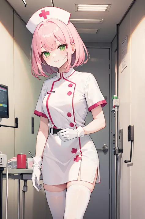 1 girl, alone, nurse, nurse cap, whiteware, ((white legwear, zettai ryouiki)), white gloves, pink hair, green eyes, droopy eyes,...