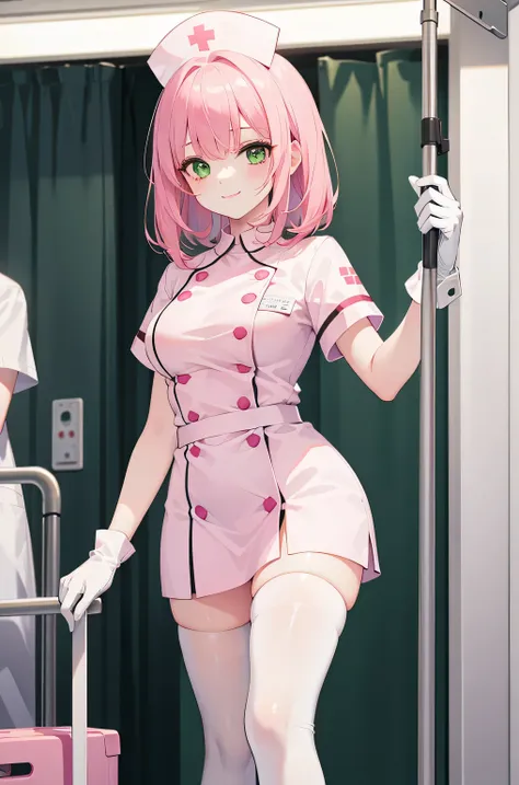 1 girl, alone, nurse, nurse cap, whiteware, ((white legwear, zettai ryouiki)), white gloves, pink hair, green eyes, droopy eyes,...