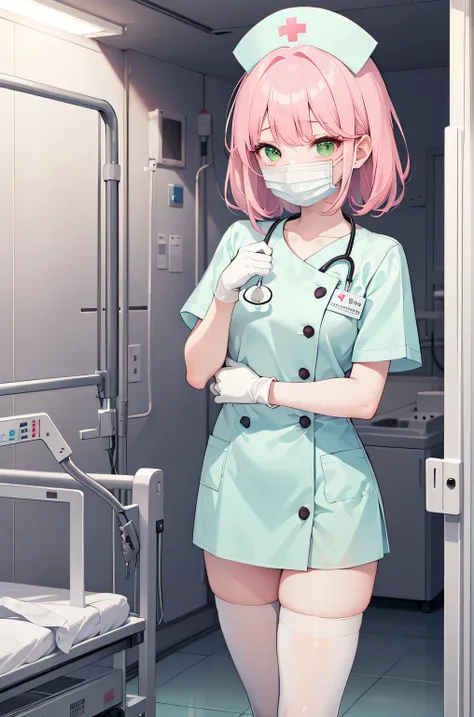 1 girl, alone, nurse, nurse cap, whiteware, ((white legwear, zettai ryouiki)), white gloves, pink hair, green eyes, droopy eyes,...