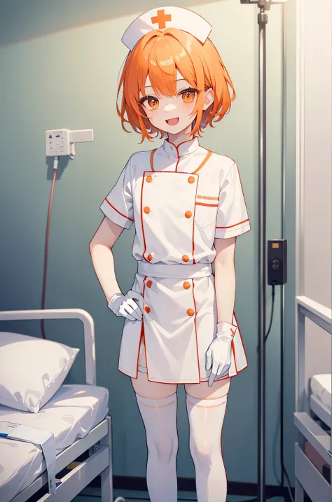 1 boy, alone, male focus, nurse, nurse cap, whiteware, ((white legwear, zettai ryouiki)), white gloves, short hair, orange hair,...