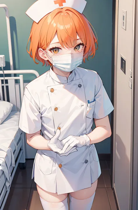 1 boy, alone, male focus, nurse, nurse cap, whiteware, ((white legwear, zettai ryouiki)), white gloves, short hair, orange hair,...