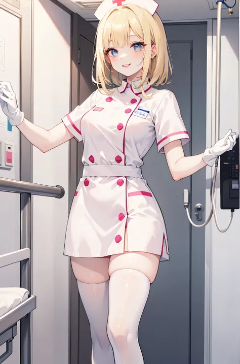 1 female, alone, nurse, nurse cap, whiteware, ((white legwear, zettai ryouiki)), white gloves, blonde hair, blue eyes, pink lips...